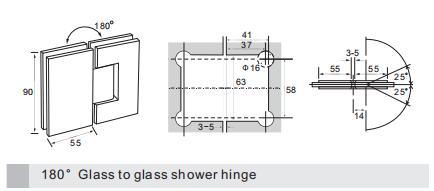 Bisagra de ducha para puerta de vidrio de 180°, esquina recta de vidrio a vidrio, con función ajustable de pasador de 85° y 90°, acabado en negro mate