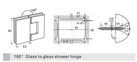 Bisagra de ducha para puerta de vidrio de 180°, esquina recta de vidrio a vidrio, con función ajustable de pasador de 85° y 90°, acabado cromado