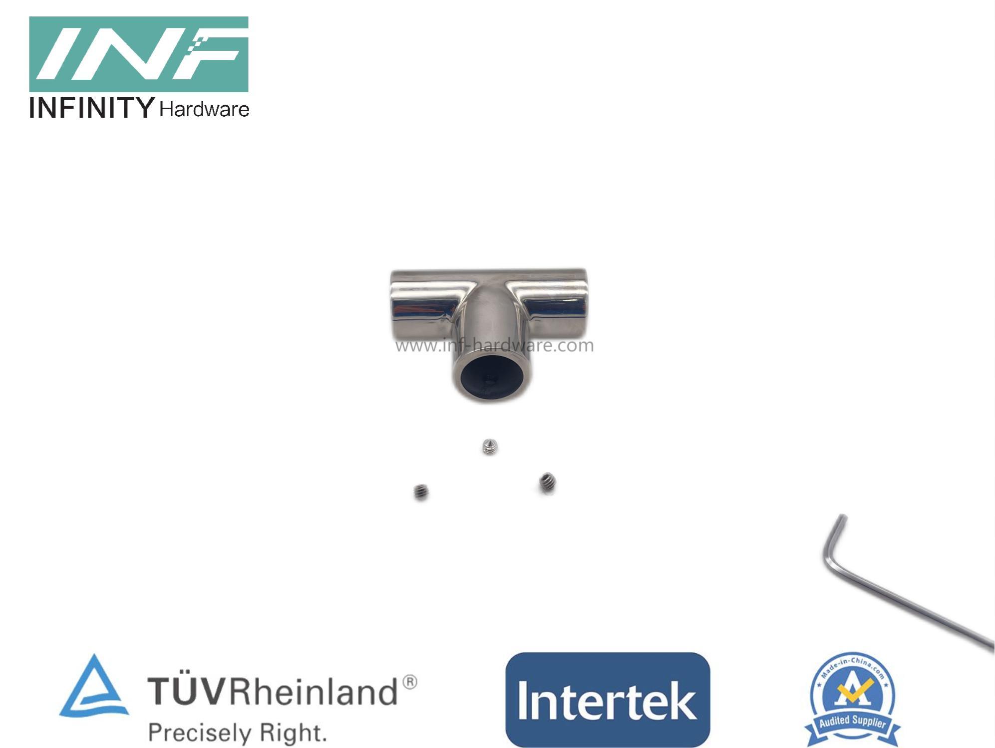 Conector de cinta T de tubo a tubo de 3 vías de latón y acero inoxidable para montaje de vidrio con función ajustable